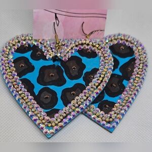 Blue animal print, heart-shaped earrings with bling